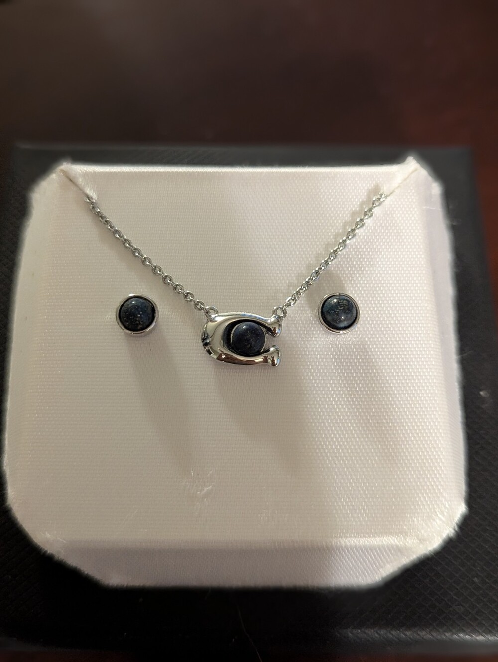 Coach Silver Necklace and Stud Earrings Set with Dark Blue Stone